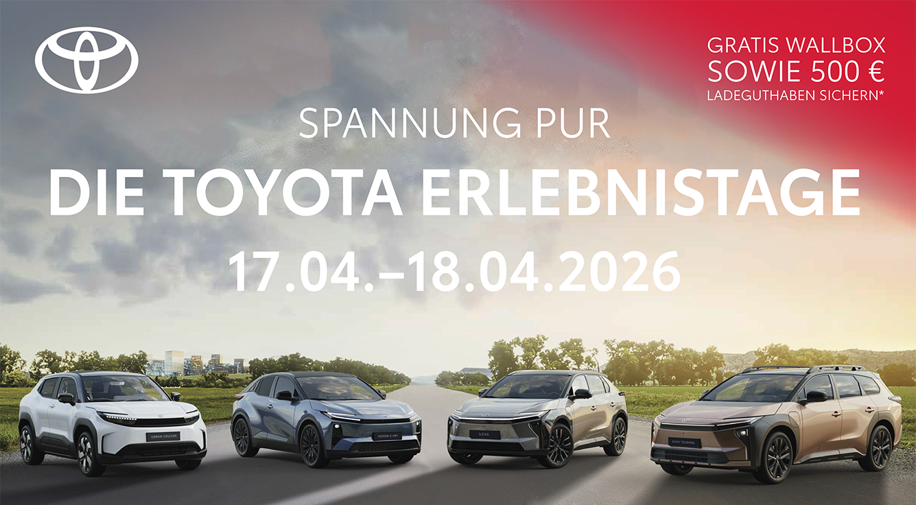Foto: Einladung, Toyota Erlebnistage, vier Autos im Halbkreis, Am 17. April und 18. April 2026 erwartet Sie ein umfangreiches Programm, in Brunn am Gebirge und Wiener Neustadt